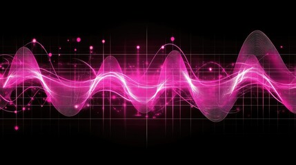 Poster - Glowing waves of digital light with bright neon trails, flowing fluidly over a sleek grid background in a high-tech design