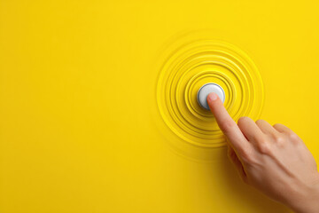 Poster - A finger presses a white button on a vibrant yellow surface, creating concentric circles.  The image evokes a sense of activation or initiation. : Generative AI