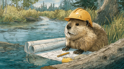 Poster - A cute beaver wearing a yellow hard hat sits beside blueprints near a tranquil river, showcasing a whimsical blend of nature and construction. : Generative AI
