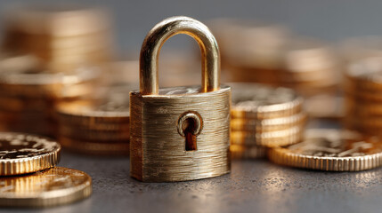 Poster - A golden padlock rests securely among stacks of gold coins, symbolizing financial security and the protection of wealth and investments. : Generative AI