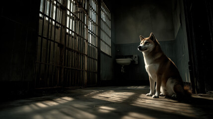 Aufkleber - A lone Shiba Inu dog sits pensively in a dimly lit, abandoned cell, sunlight streaming through rusty bars, creating dramatic shadows on the aged floor. : Generative AI