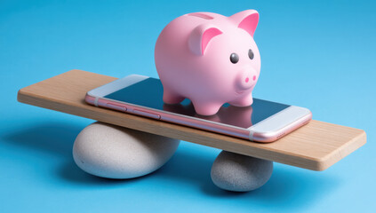 Aufkleber - Pink piggy bank rests on a smartphone balanced on a wooden seesaw, supported by two grey stones against a light blue background.  A conceptual image about mobile banking and financial  : Generative AI