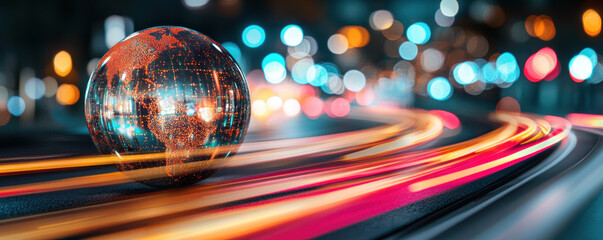 Poster - A globe is shown in the center of a blurry image of a city street. The globe is surrounded by a network of lights, which creates a sense of movement and energy. Concept of a bustling urban environment