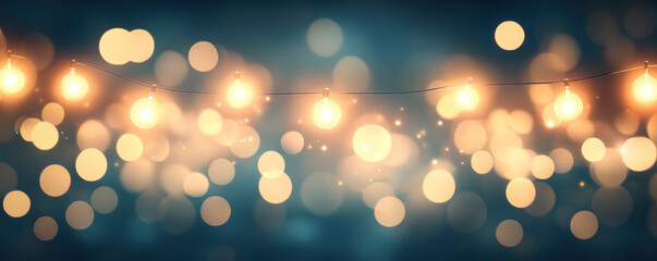 Poster - A string of lights with a blue background. The lights are in a row and are lit up