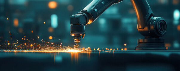 Poster - A robot is cutting through a piece of metal. The robot is surrounded by sparks and the image has a futuristic, industrial feel