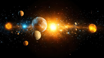 Poster - A bright sun is shining on a group of planets in space. The planets are in different positions and sizes, with one being larger than the others. The scene is peaceful and serene