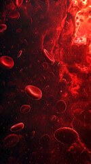 Poster - A red background with many red dots scattered throughout. The dots are small and red, and they seem to be floating in the air. Scene is chaotic and frenzied