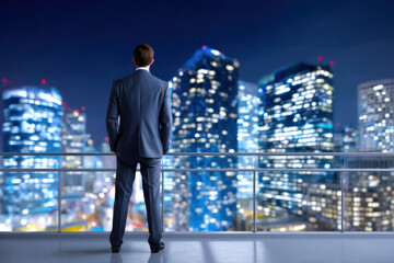 Aufkleber - Businessman standing on a balcony at night, overlooking a vibrant cityscape with illuminated skyscrapers and city lights. : Generative AI