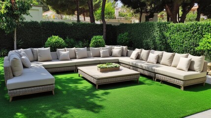 Poster - Modular garden furniture with movable seats and matching coffee table set up on artificial grass