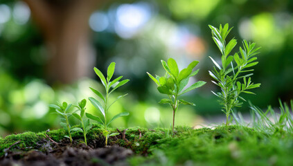 Poster - Four young green plants sprout from rich soil, nestled in vibrant moss, against a softly blurred natural background. : Generative AI