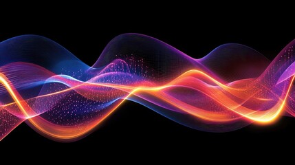 Poster - Neon-colored waves and glowing particles swirling in an abstract digital design, representing the future of technology