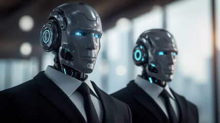 Poster - Two humanoid robots in suits, advanced artificial intelligence, futuristic business concept, technology, modern office setting, sleek design, metallic bodies, glowing blue eyes, profes : Generative AI