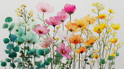 Poster - A watercolor painting of a vibrant floral arrangement featuring cosmos, wildflowers, and eucalyptus leaves, showcasing a variety of pink, orange, yellow, and teal hues. : Generative AI