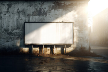 Poster - Blank billboard on weathered concrete wall, sunlight, urban decay, empty street scene, vintage, aged, grunge, mockup, advertising space, copy space,  perfect for design projects. : Generative AI