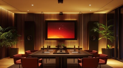 Poster - Quiet meeting space corner featuring wall-mounted video screen and central voice pickup mic