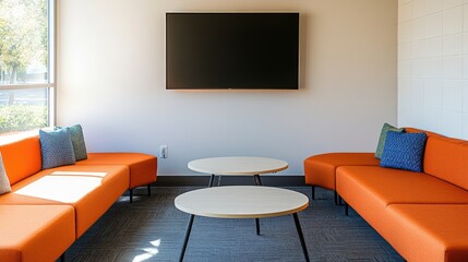 Poster - Quiet meeting space corner featuring wall-mounted video screen and central voice pickup mic