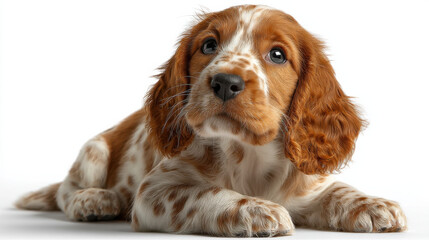 Poster - Adorable red and white cocker spaniel puppy lying down, looking up with curious expression, isolated on white background. Perfect for pet, animal, and dog-related projects. : Generative AI