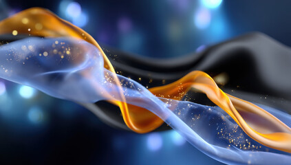 Poster - Abstract swirling blue and gold fabric with glittering particles, creating a luxurious and elegant design, perfect for backgrounds or decorative elements. : Generative AI