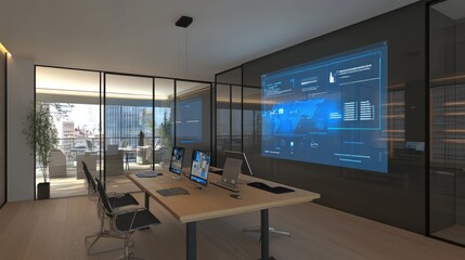 Poster - Smart workplace with standing desks, wireless docks, and collaborative digital walls