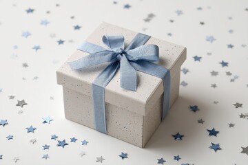 Poster - Gift Box With Blue Ribbon and Silver Stars Creating a Festive Atmosphere for Celebrations