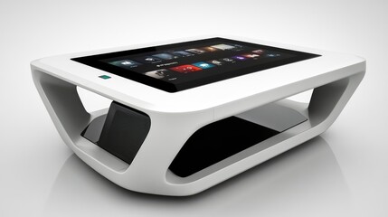 Poster - Technology-focused remote work desk with touchscreen video interface and team management tools