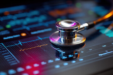 Poster - Close-up of a stethoscope resting on a digital screen displaying medical data, showcasing healthcare technology and data analysis. : Generative AI