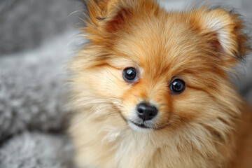 Poster - Adorable Pomeranian puppy with fluffy orange fur, big dark eyes, and a curious expression, sitting on a gray textured surface. : Generative AI