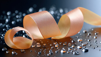 Leinwandbilder - Close-up of a peach-colored satin ribbon elegantly curled on a dark surface adorned with glistening water droplets, creating a luxurious and sophisticated aesthetic. : Generative AI