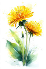 Poster - Two vibrant yellow dandelions with green leaves, depicted in a watercolor style against a white background.  The image evokes feelings of springtime and natural beauty. : Generative AI
