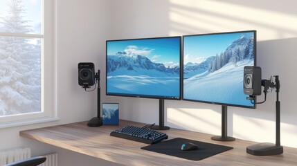 Poster - Video call ready desk with dual monitors, high-res camera, and wireless mic on wooden surface