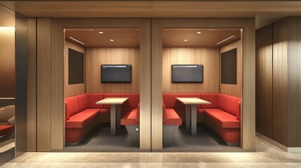 Poster - Video conferencing pod with acoustic panels, mounted monitor, and small conference table