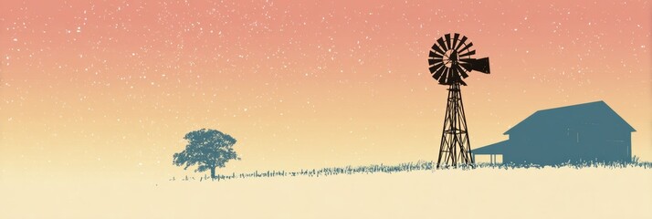 Poster - windmill and barn silhouette under a pastel sky at dusk with a serene atmosphere in the countryside