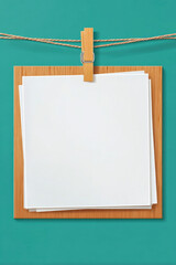 Poster - Blank white papers clipped to wooden board against teal background, ideal for message, note, or memo; rustic, minimalist design. : Generative AI