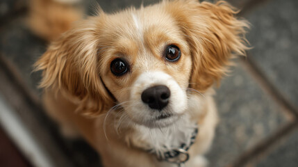 Poster - Adorable fluffy Cavalier King Charles Spaniel puppy looks up with big, expressive eyes, showing its sweet and curious nature.  The dog's light brown and white fur is soft and charming. : Generative AI