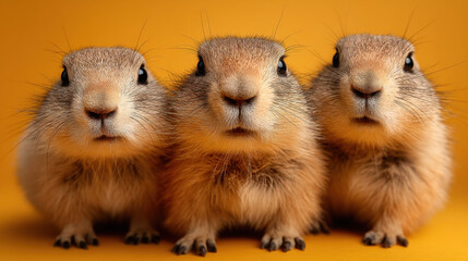 Poster - Three adorable prairie dogs sit closely together, their curious faces peering directly at the camera against a vibrant yellow background.  The image showcases their soft fur and expres : Generative AI