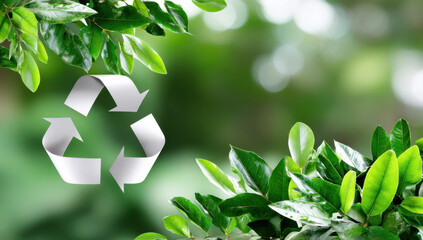 Poster - Green leaves frame a paper recycling symbol against a blurred green background, promoting eco-friendly practices and environmental awareness. : Generative AI