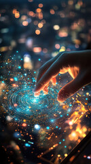 Poster - A hand is reaching out to touch a glowing blue circle. The image has a dreamy, ethereal quality, with the blue circle appearing to be floating in space. The hand is the only visible part of the image