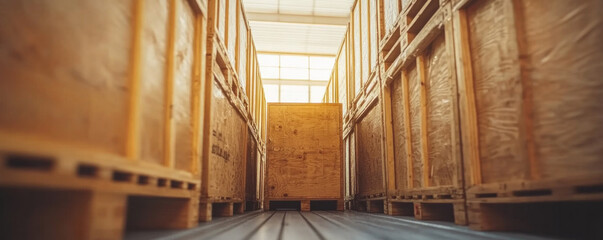 Poster - A warehouse with wooden crates stacked on top of each other. The crates are stacked in a row and are of different sizes. The crates are arranged in a way that they are all facing the same direction