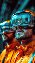 Poster - Two men wearing orange vests and goggles are standing next to each other. They are looking at a screen in front of them