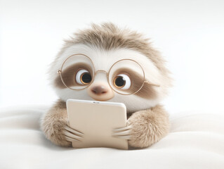 Aufkleber - Adorable sloth wearing glasses uses a tablet while relaxing on a soft, white bed.  The fluffy creature's expression is calm and peaceful, suggesting a cozy and comfortable scene. : Generative AI