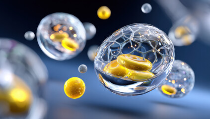 Aufkleber - Microscopic view of translucent spheres containing golden particles, intricate internal structures visible,  suggestive of cellular or molecular processes,  set against a dark blue bac : Generative AI