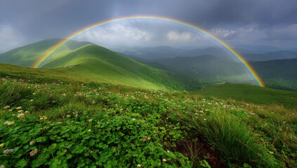 Poster - Majestic rainbow arcing over lush green mountain meadows, wildflowers blooming after a summer rain, vibrant colors of nature. : Generative AI