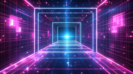 Poster - A neon pink and blue room with a bright light shining down on it. The room is filled with a lot of lights and it looks like a futuristic space