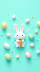 Poster - A cartoon rabbit holding a carrot in front of a bunch of Easter eggs. The image has a playful and festive mood, with the rabbit and eggs being the main focus