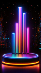 Poster - A neon light tower with a colorful base. The tower is surrounded by a cityscape with buildings and lights. Scene is vibrant and energetic