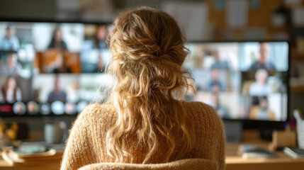 Aufkleber - Woman with blonde hair participates in a large online video conference, seen from behind, focused on her hair and sweater. : Generative AI