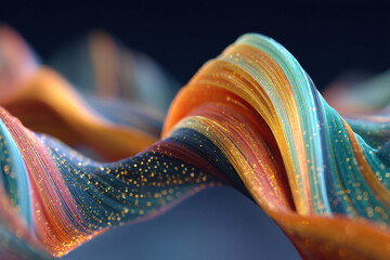 Aufkleber - Abstract swirling wave of vibrant orange, teal, and gold threads, glittering with golden particles, creating a dynamic and luxurious visual texture. : Generative AI