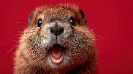 Poster - Close-up portrait of a muskrat with open mouth against a vibrant red background. The animal's fur is reddish-brown, and its whiskers are prominent. : Generative AI