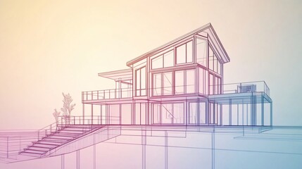 Aufkleber - Architectural blueprint of modern home with multi-level balconies and staircase in gradient