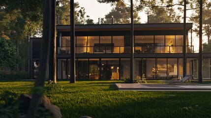 Poster - modern two story house with large windows in forest at dusk with trees around it